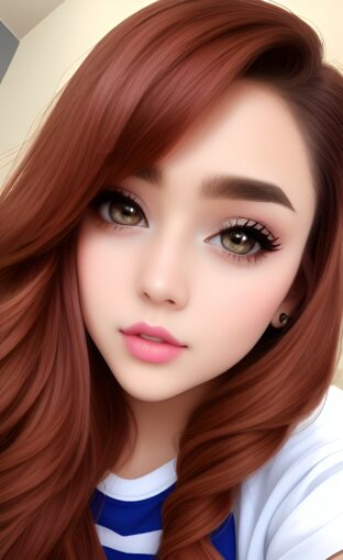 Beautiful girl with long brown hair with pink hot lips