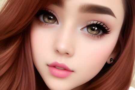 Beautiful girl with long brown hair with pink hot lips