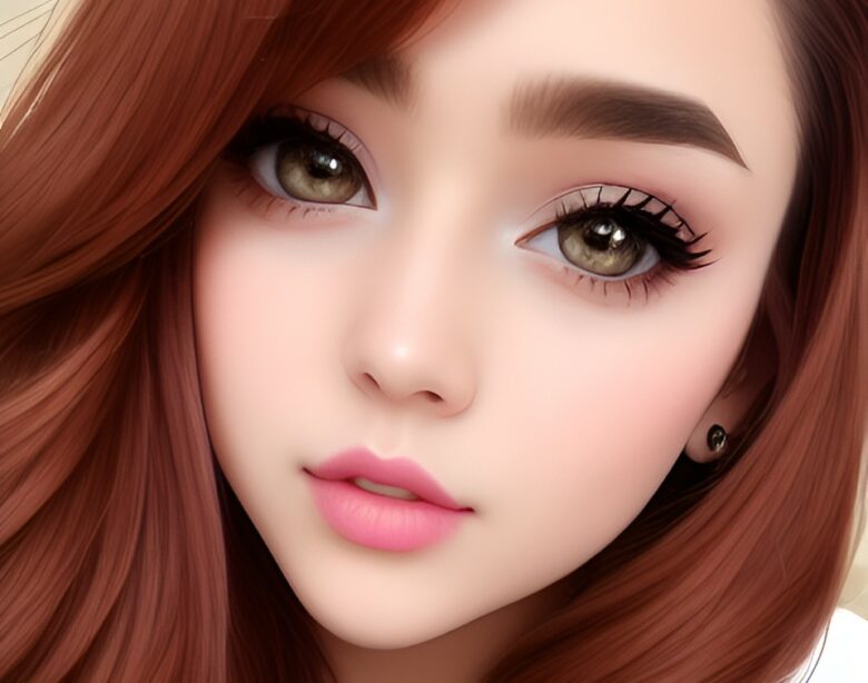 Beautiful girl with long brown hair with pink hot lips